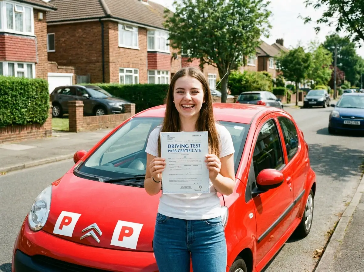 A happy new driver with their pass certificate